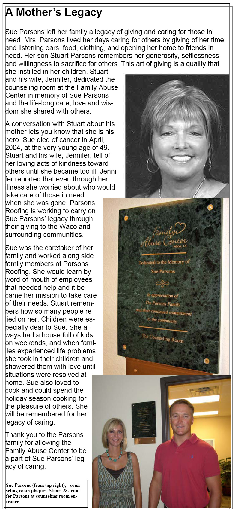 Sue Parsons a Mothers Legacy - Parsons Roofing