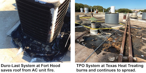 Image comparing the fire resistance of Duro-Last to the less fire resistant TPO material